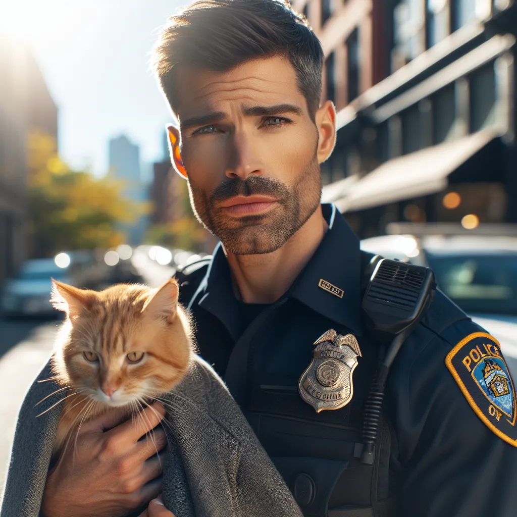 Holding the cat with a coat, another officer helped remove the jar.