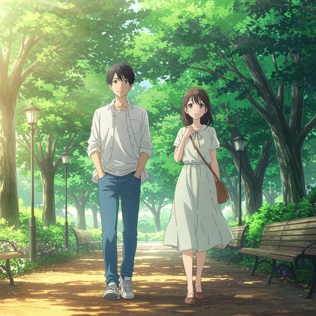 Two protagonists begin to engage with each other casually while strolling in an urban park. Example 2