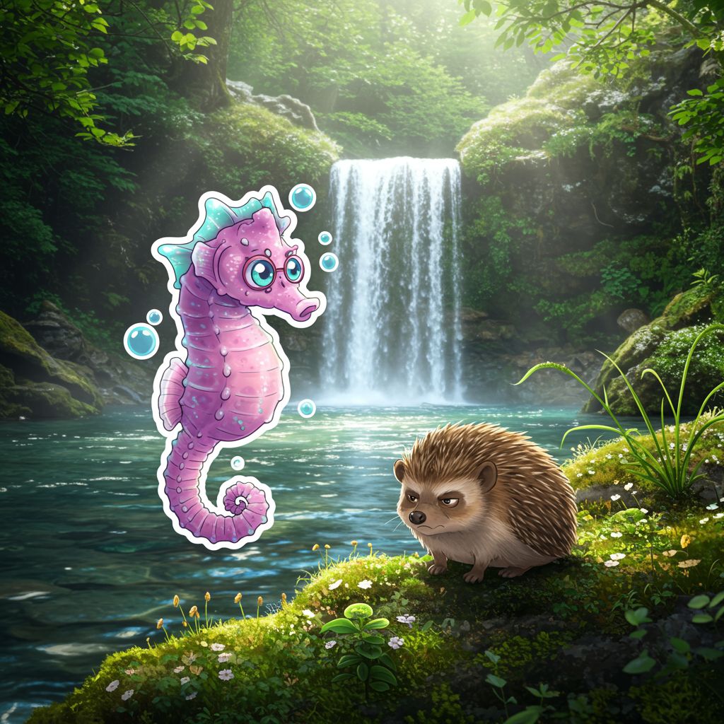 The bubbly seahorse leads the animals to a serene, magical waterfall.