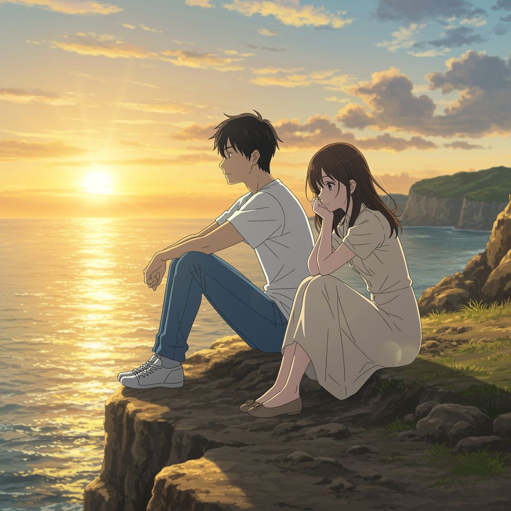 Protagonists share a moment of silence as they reflect near the ocean.