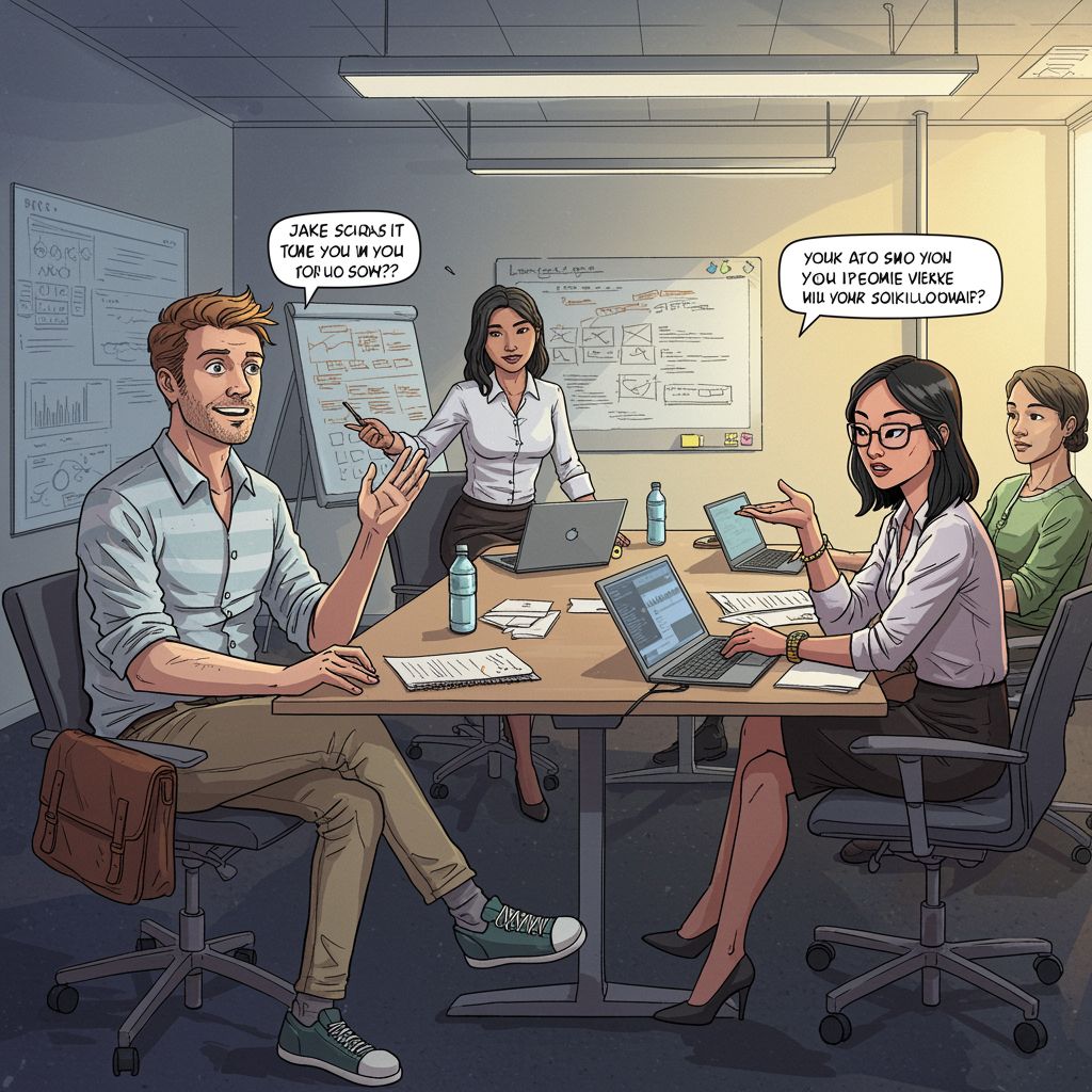 The meeting resumes, but the office atmosphere becomes noticeably lighter.