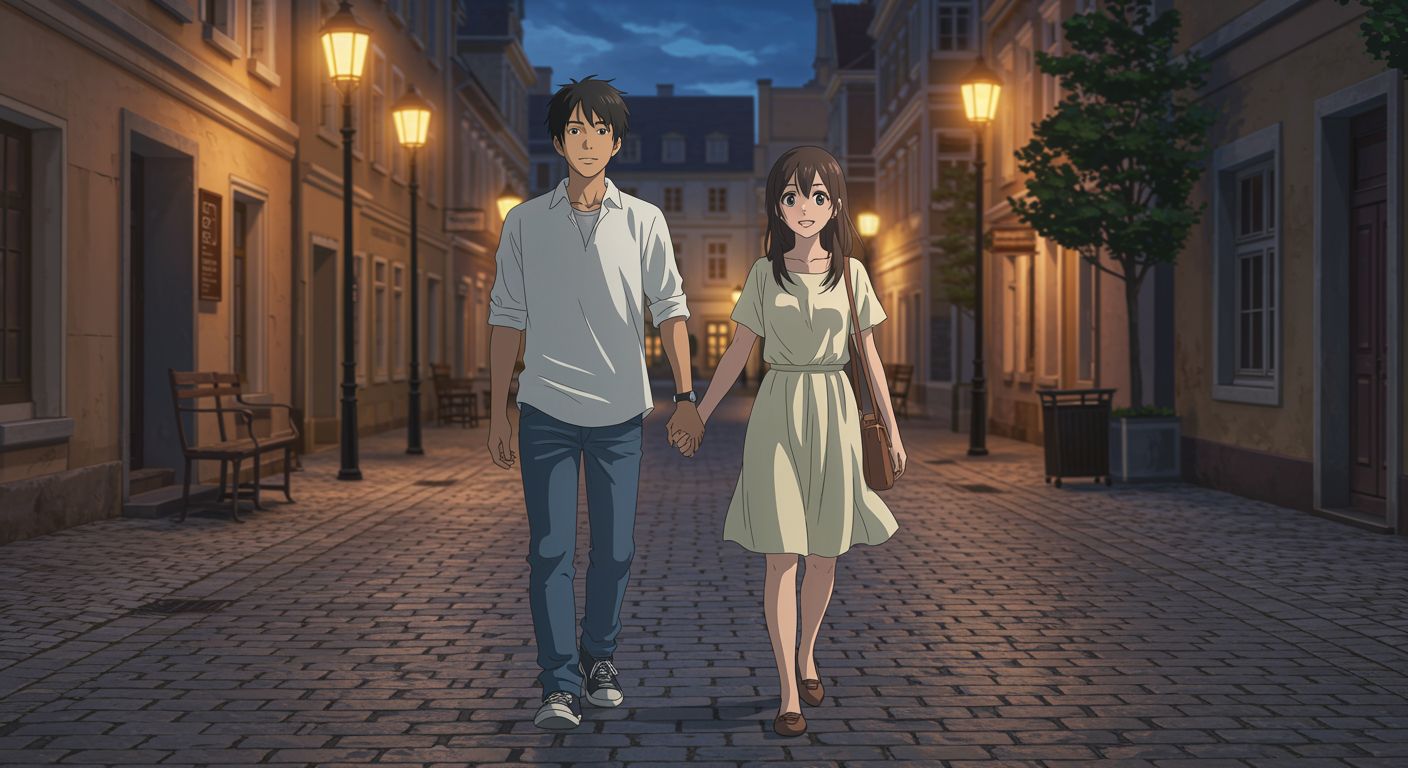 The protagonists hold hands and walk into the distance, marking a new beginning.