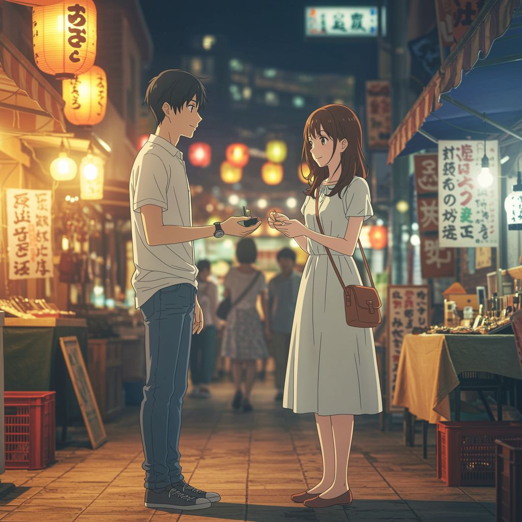 Protagonists attempt to mend their relationship as they enjoy the vibrant night market.