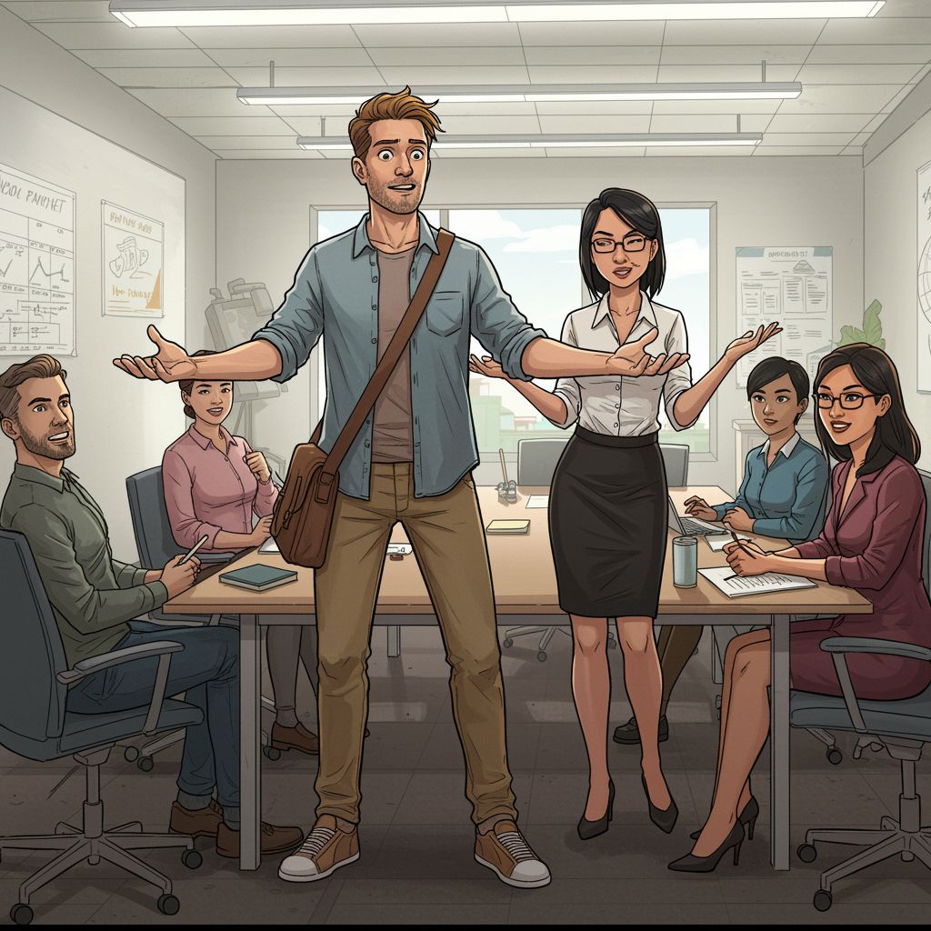 Jake and Monicha present their crafted story to the team, turning the incident into a lighthearted moment.