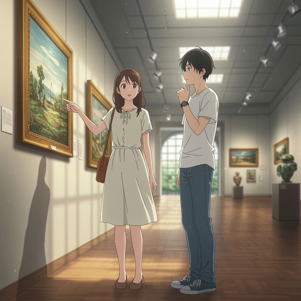 The protagonists explore art pieces that remind them of their mutual connection.