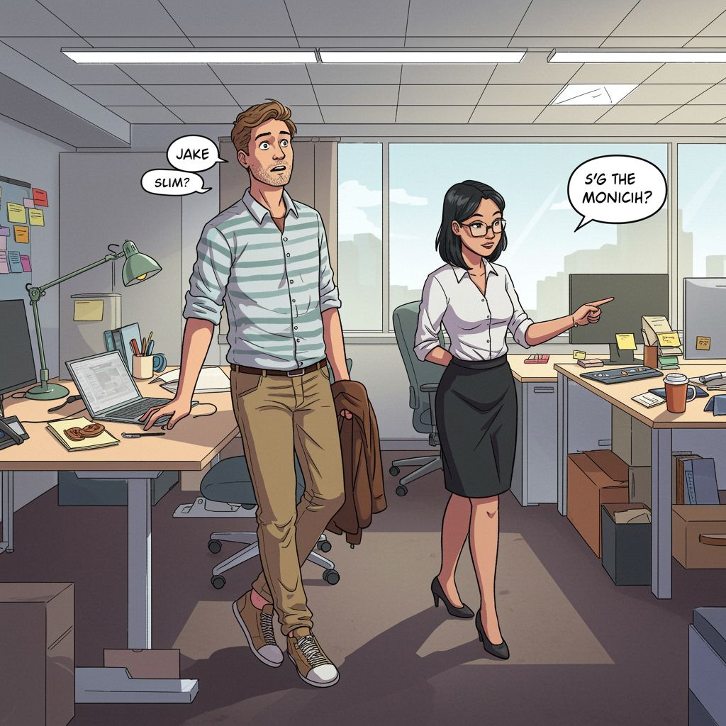 A coworker repeats Jake’s mistake, causing an entirely new wave of hilarity.