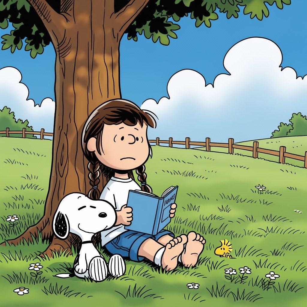 Snoopy curls beside the girl as she leans against the tree with a book. Woodstock naps above. The atmosphere is peaceful.