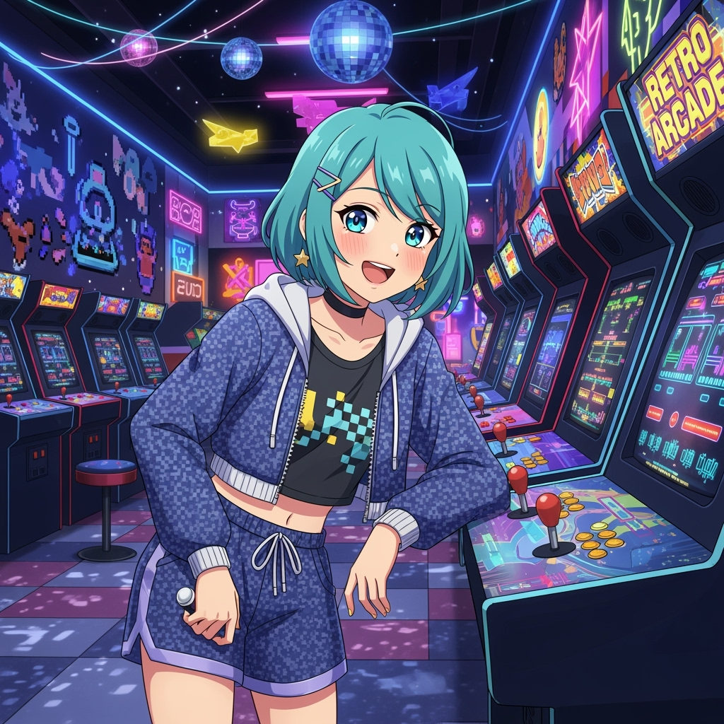 Retro Arcade Star radiates exuberance in a vivid arcade, surrounded by old-school machines and neon lights.