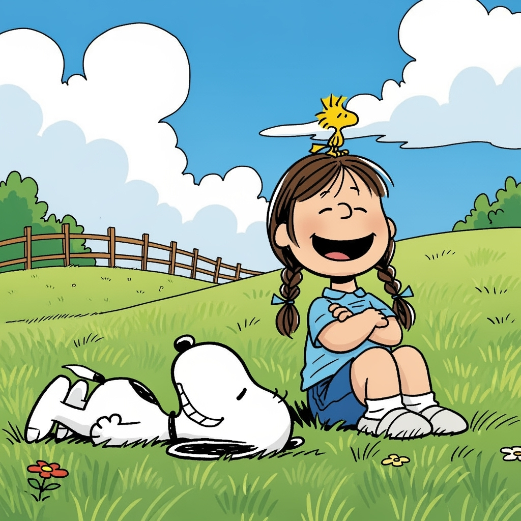 Snoopy lies down on the grass, grinning up at the girl. She laughs, arms crossed, as Woodstock hops onto her shoulder.