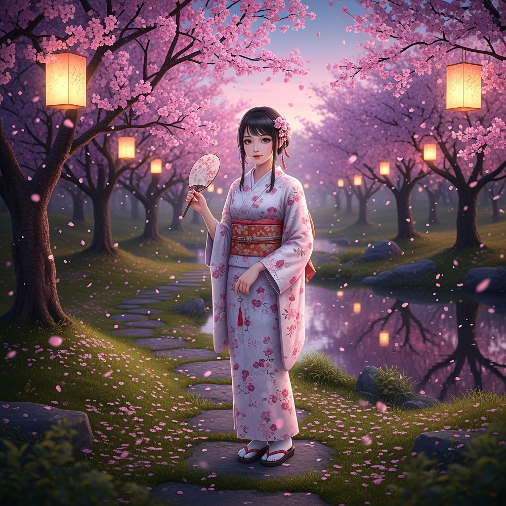 Sakura Blossom Muse basks in tranquility beneath a cherry blossom tree, her delicate fan reflecting timeless grace. Example 3