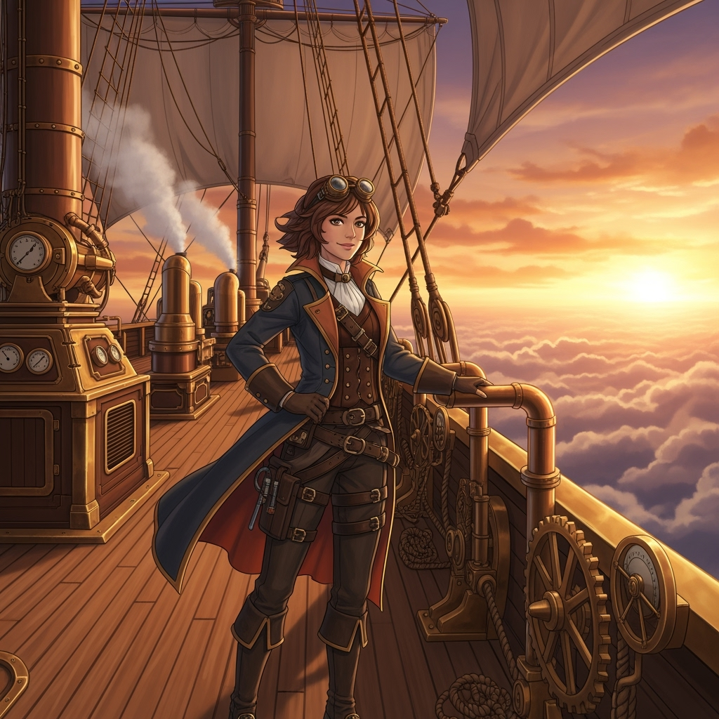 Steampunk Adventurer surveys the sky from the deck of her airship, gold sunset reflecting off copper pipes and gears.