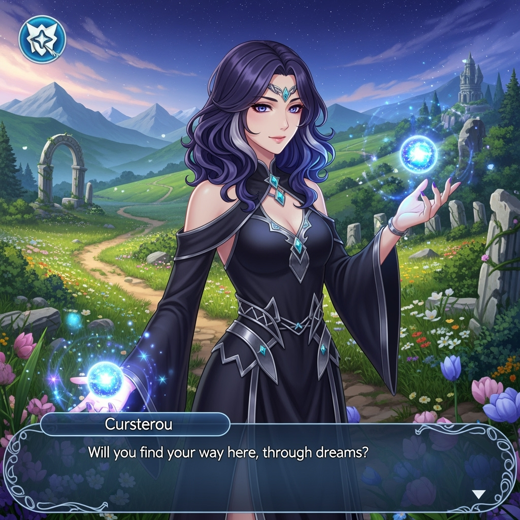 A mysterious heroine appears under a canopy of stars, her presence unsettling yet captivating the hero.