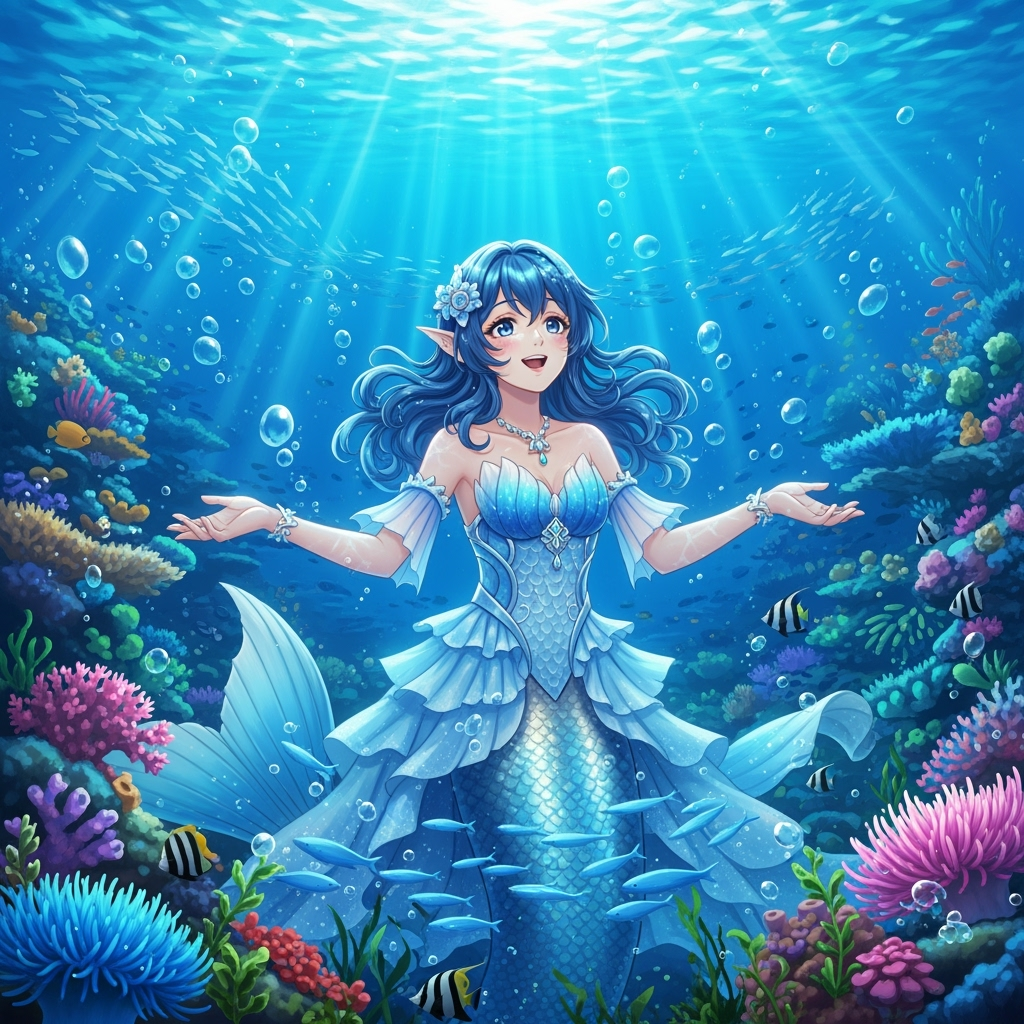 Ocean Songstress sings atop a coral reef, manta rays and colorful fish swirling to her melodic voice.