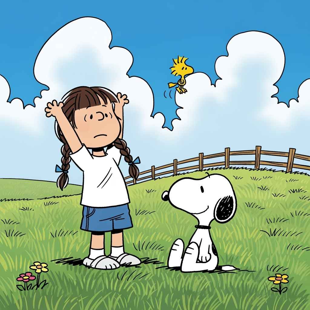 The girl stands and stretches as Snoopy and Woodstock look on, a sense of transition in the air.