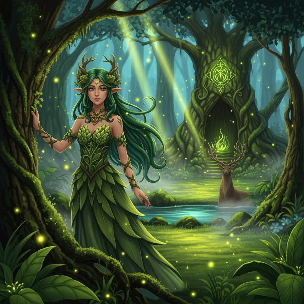 Mystical Forest Guardian finds peace in the enchanted woods, joined by a majestic stag and glowing fireflies.