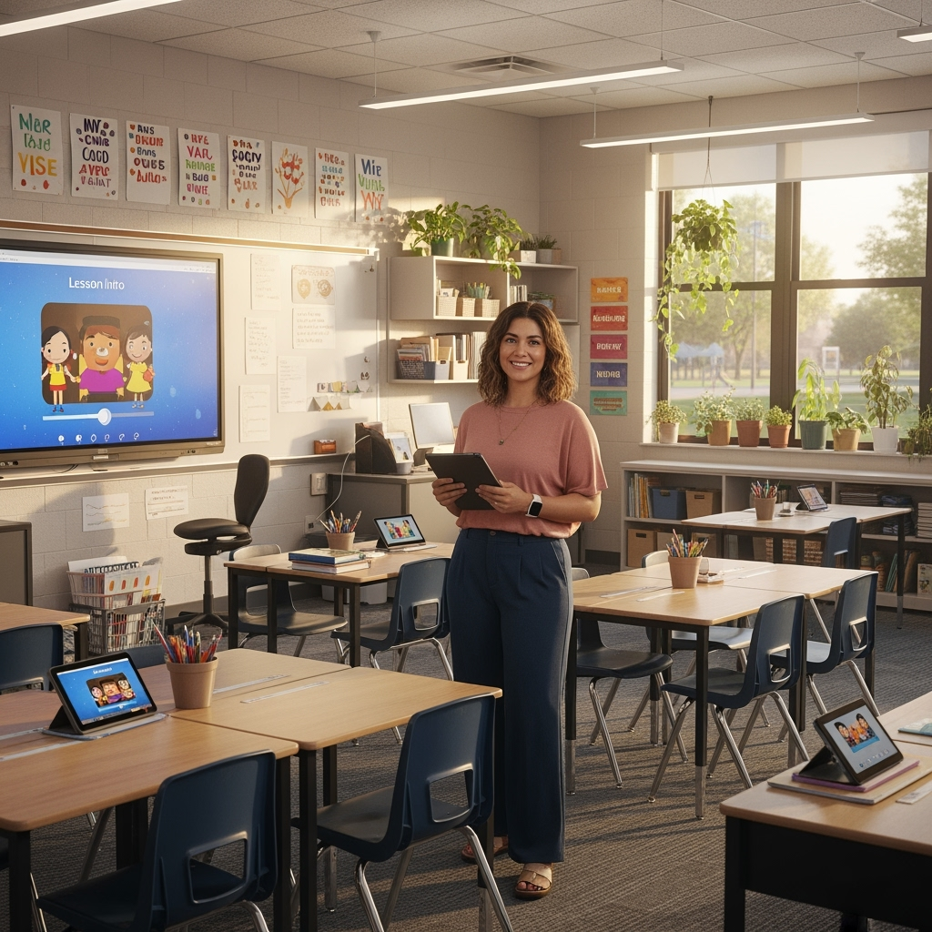 The teacher, now confident and supported by technology, is able to quickly turn any lesson plan into an engaging video, leaving the class inspired and eager to learn more.