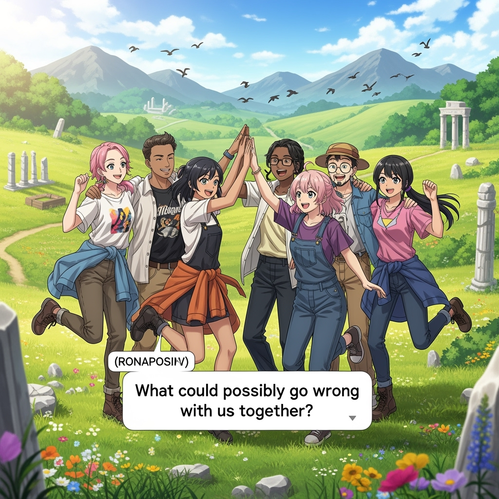 The group of friends gathers in a sun-filled meadow, sharing laughter and strengthening their camaraderie before the coming trials.