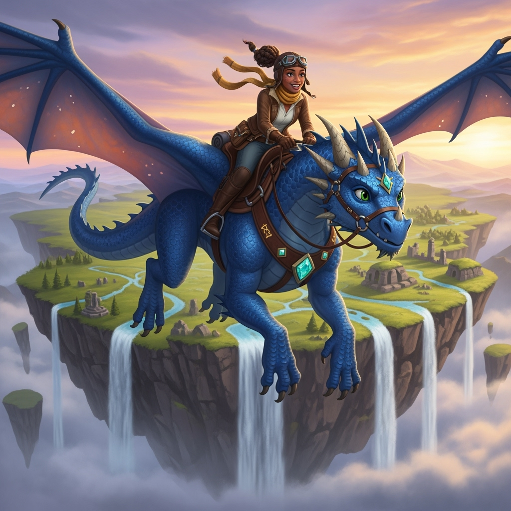 An epic ride atop a flying dragon.