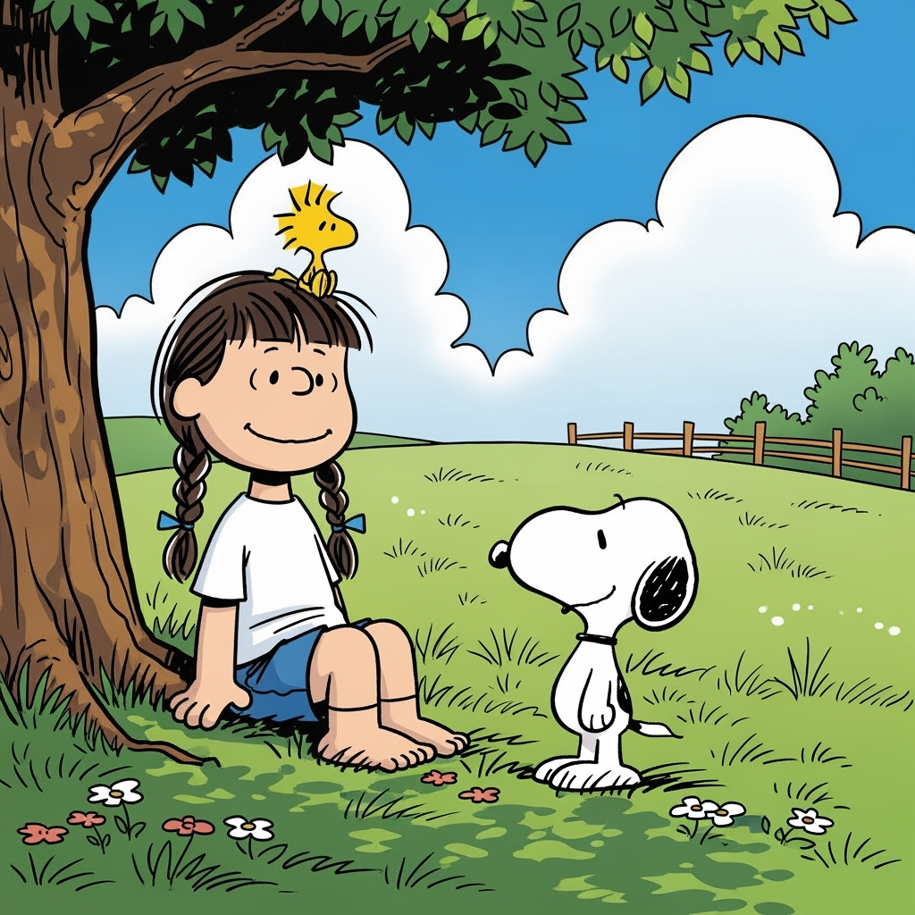 She stops under a small tree and pats the ground; Snoopy joins her, and Woodstock lands on a branch above.