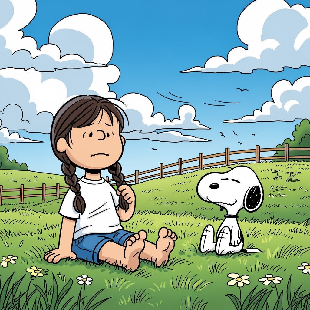 A gentle breeze stirs; the girl sits up, brushing her braids, Snoopy yawns, Woodstock stretches.