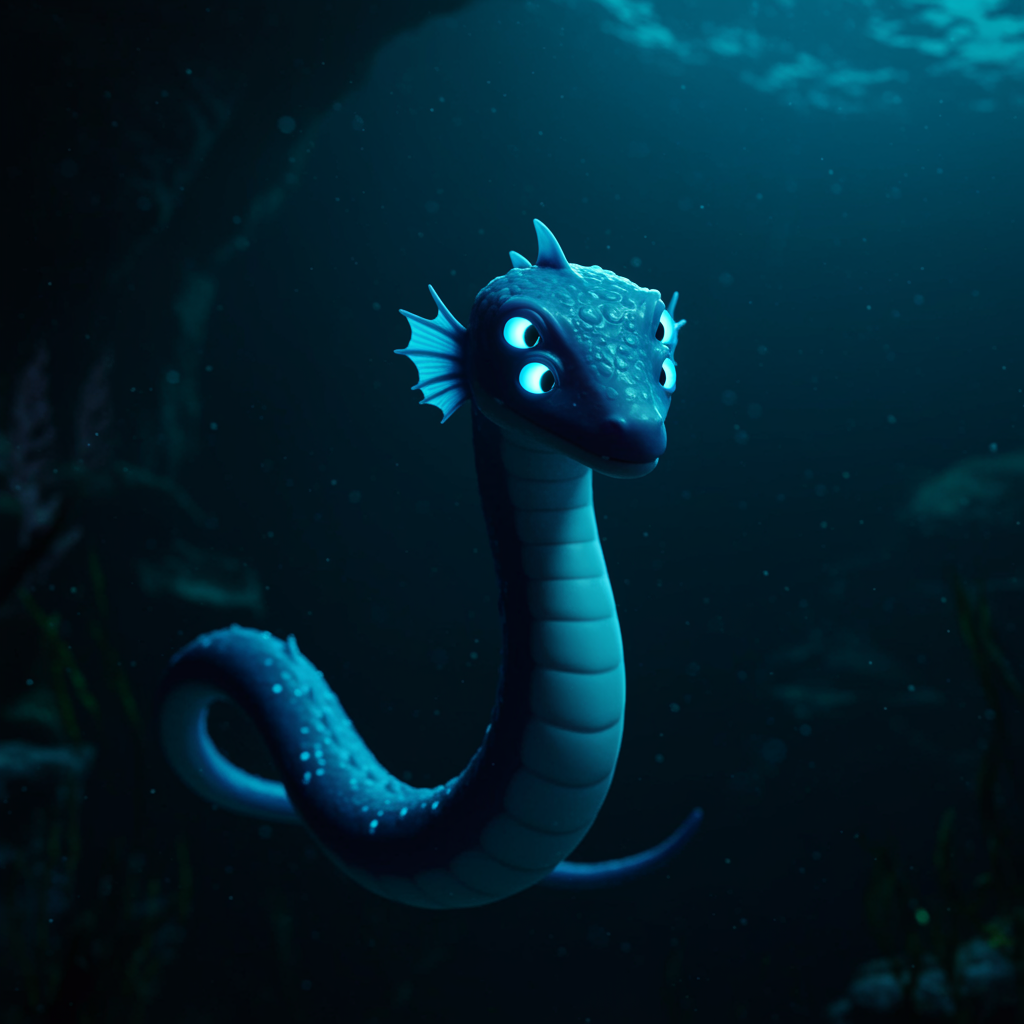 The protagonist swims through an underwater trench as glowing eyes appear in the darkness.