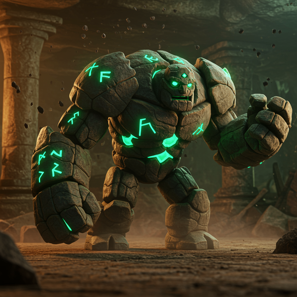 The protagonist confronts the Stonebreaker Golem while navigating an ancient, crumbling mine.