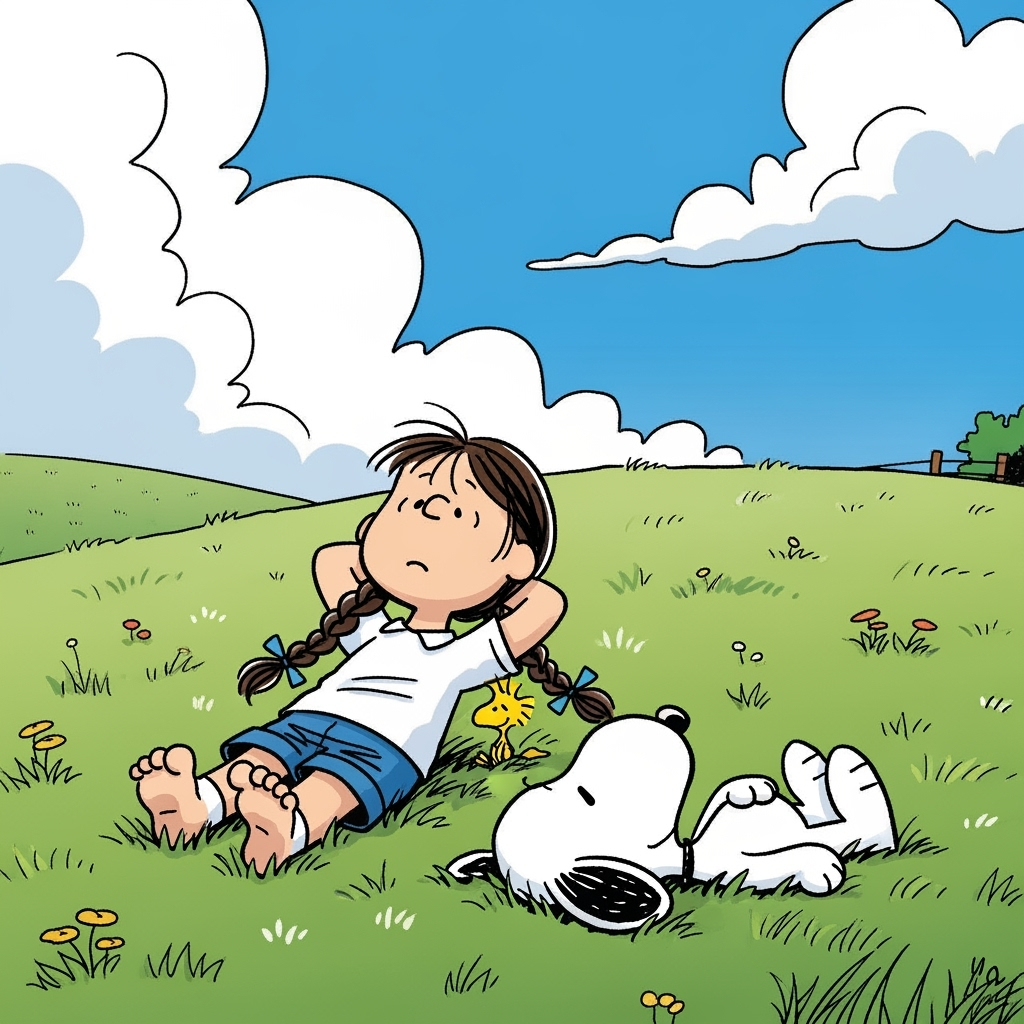 The girl relaxes on the grass with hands behind her head; Snoopy and Woodstock settle close by. They all gaze at the sky in companionable silence.