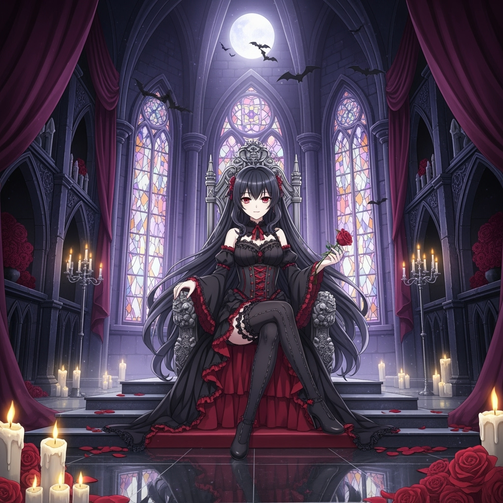 Gothic Lolita Vampire rests elegantly on her throne, the moonlight casting shadows through a gothic hall.