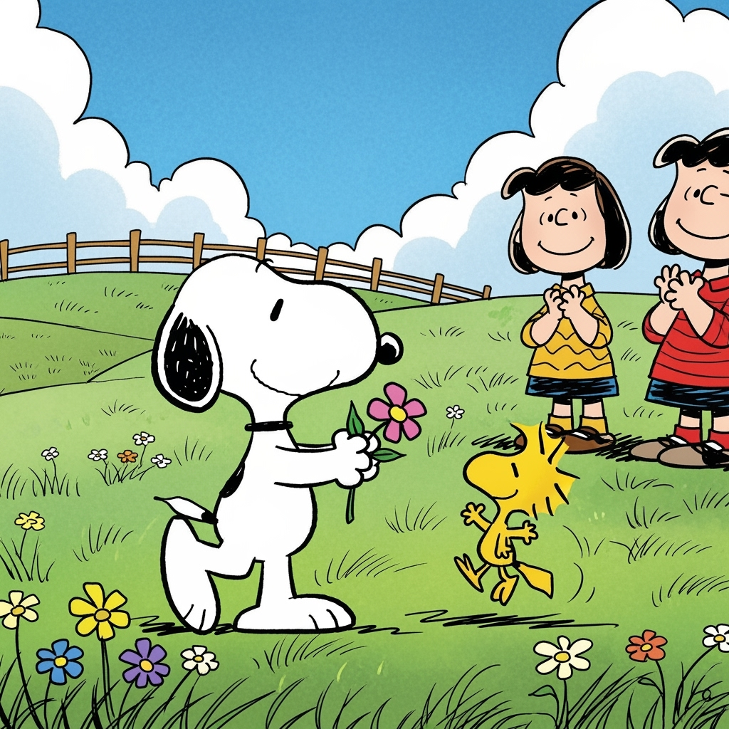 Snoopy takes the flower and playfully 'gives' it to Woodstock. The girl claps, delighted.