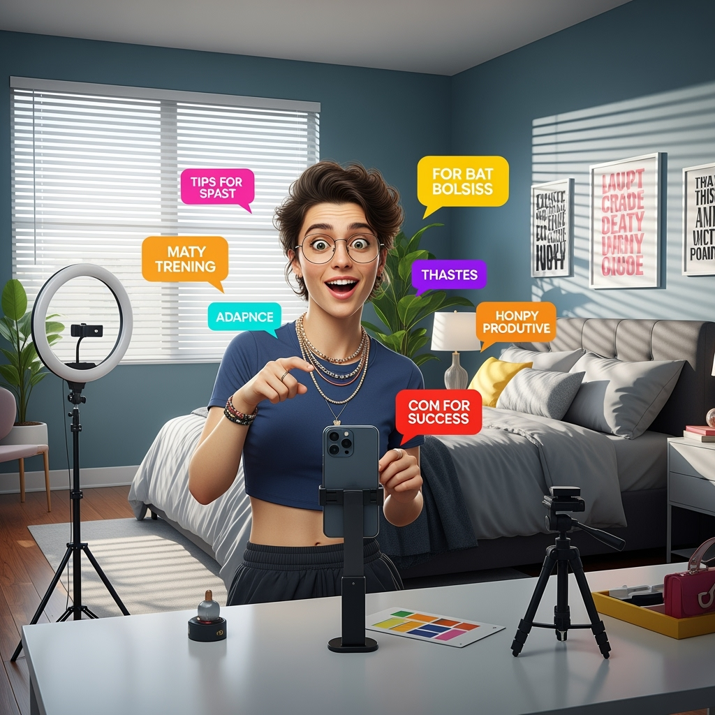 The creator starts the first take: a viral lip-sync challenge. The image splits; on one side, the creator energetically lip-syncs to a trending audio clip, mouthing the words in sync with animated text bubbles that pop up with 'viral tips.'