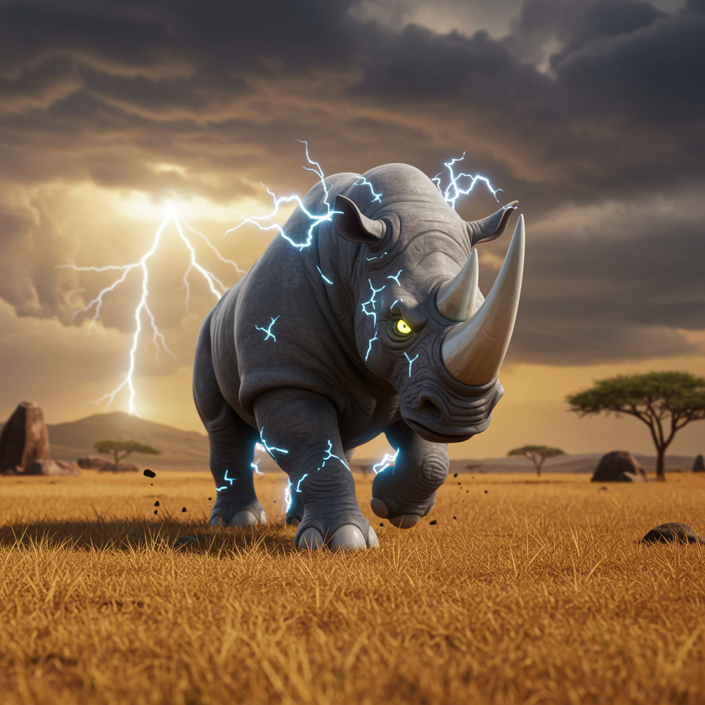 In a thunderstorm-swept savanna, the daunting Thunderhoof Behemoth perceives the protagonist as a threat and charges. After showcasing courage and mutual respect, the Behemoth halts its attack and accepts the protagonist’s presence.