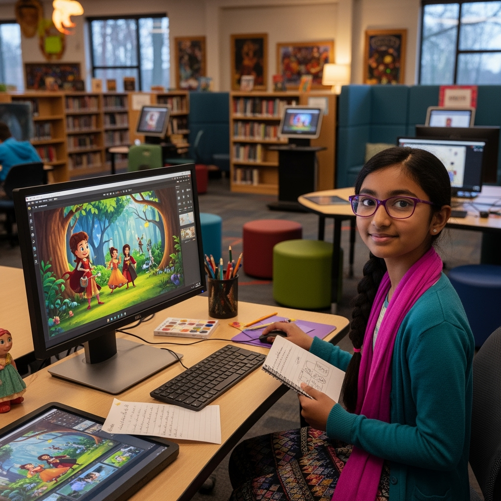 A student’s creative writing morphs into animated scenes, blending storytelling with visual artistry.
