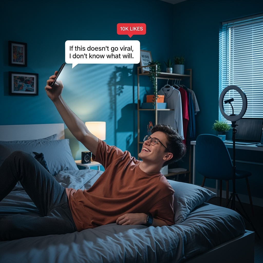 After an intense filming day, the creator collapses on the bed, phone in hand. The device lights up with a notification: '10k LIKES.' Relief and joy register on the creator’s face as they savor the moment.