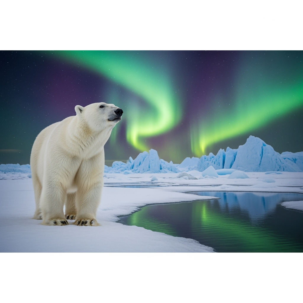 A polar bear beneath magical auroras.