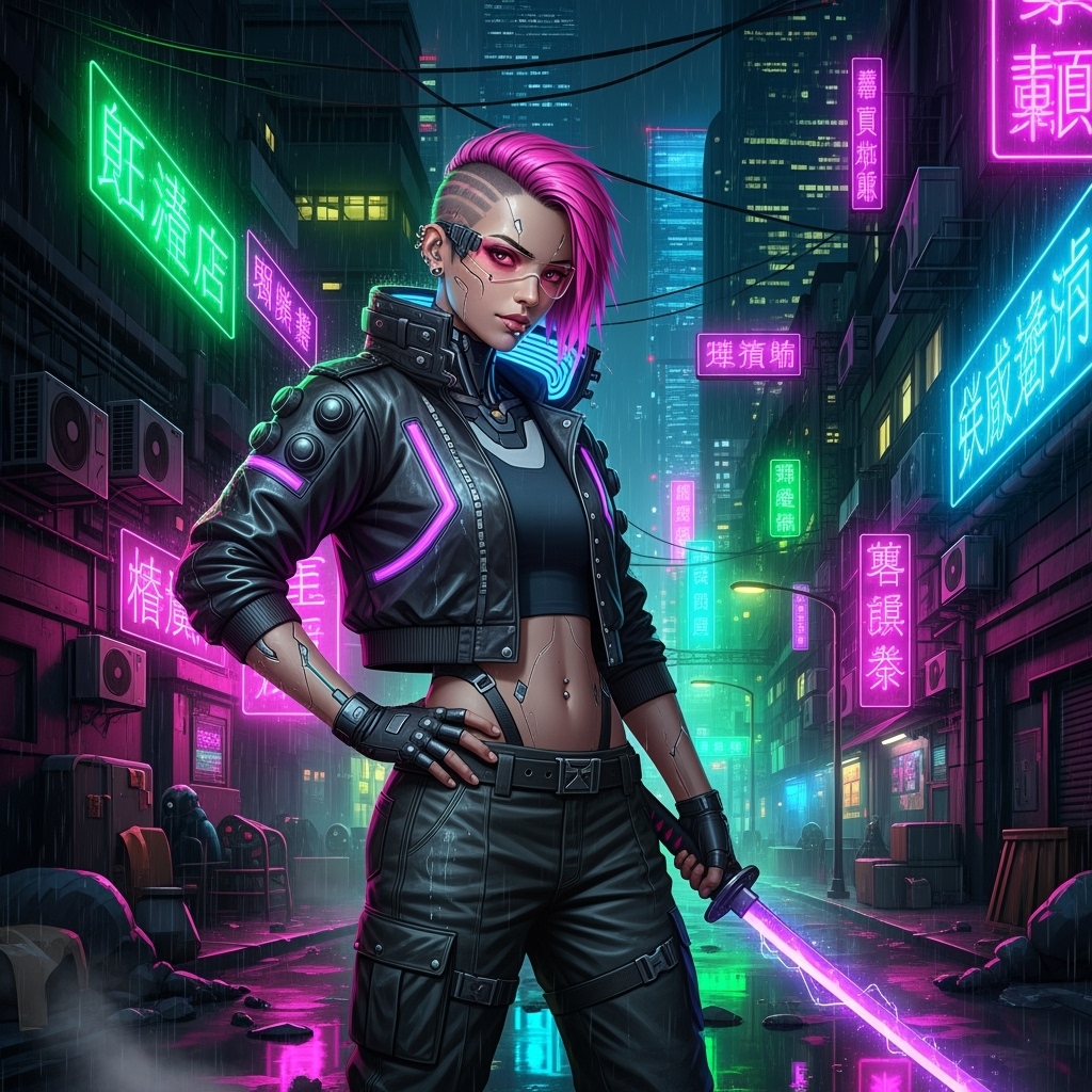 Cyberpunk Rebel stands confidently in a neon-lit city, challenging the gritty world with her resolve and high-tech gear. Example 2