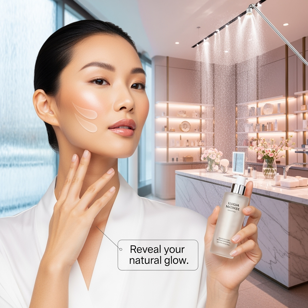 A luxury skincare ad spotlights radiance and beauty enhanced by AI imagery.