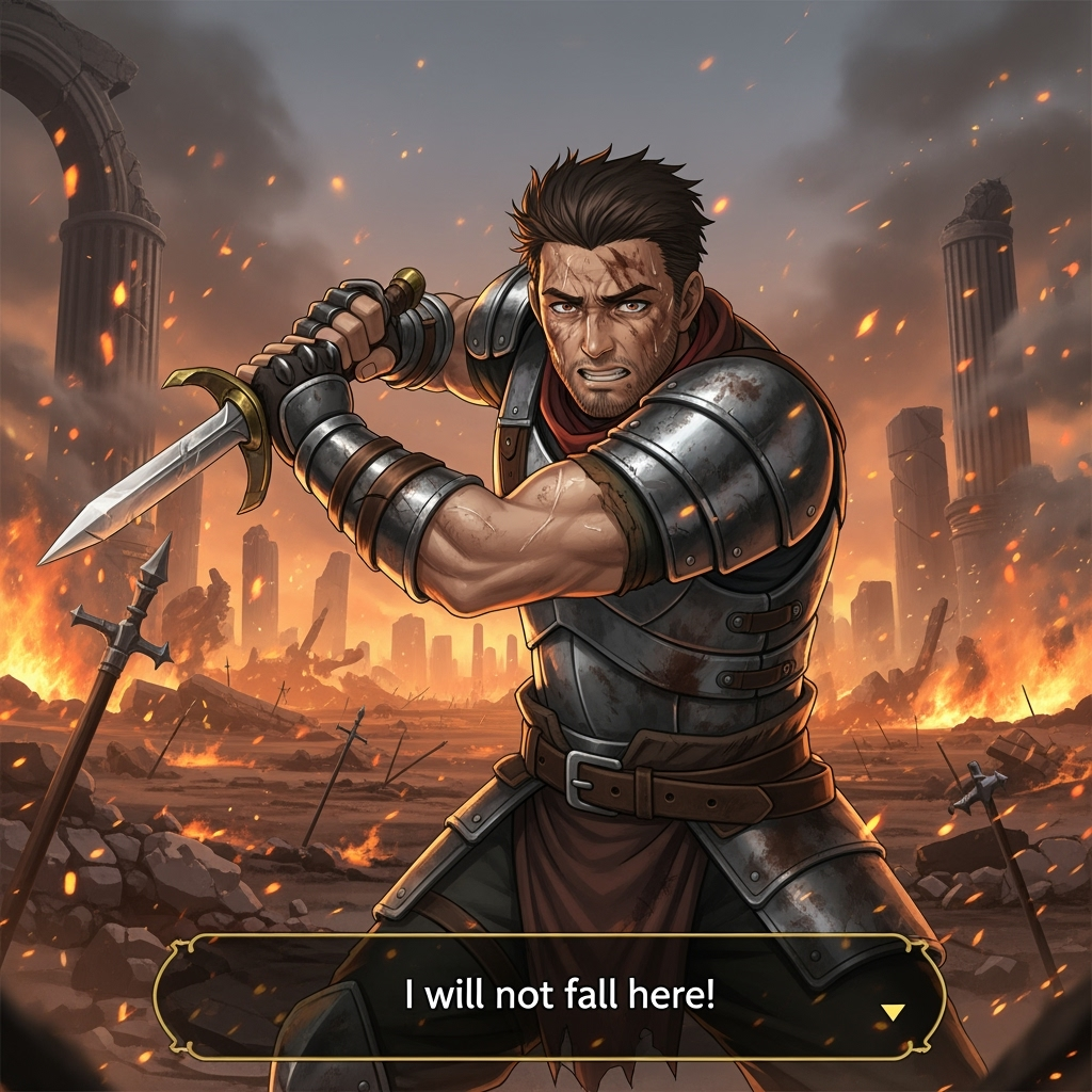The warrior, embroiled in a fierce skirmish, embodies both physical grit and emotional fortitude.