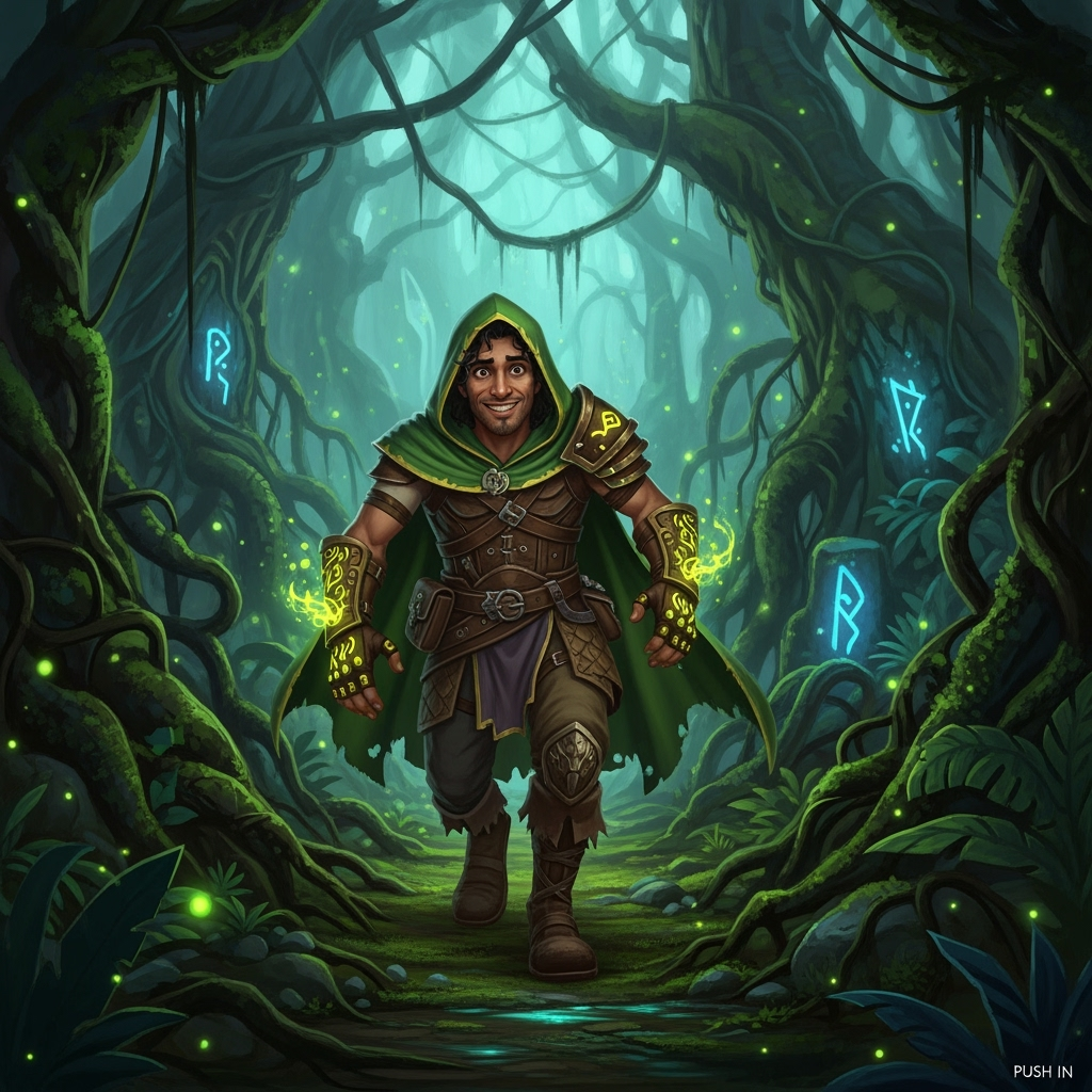 A hero in an enchanted jungle quest.