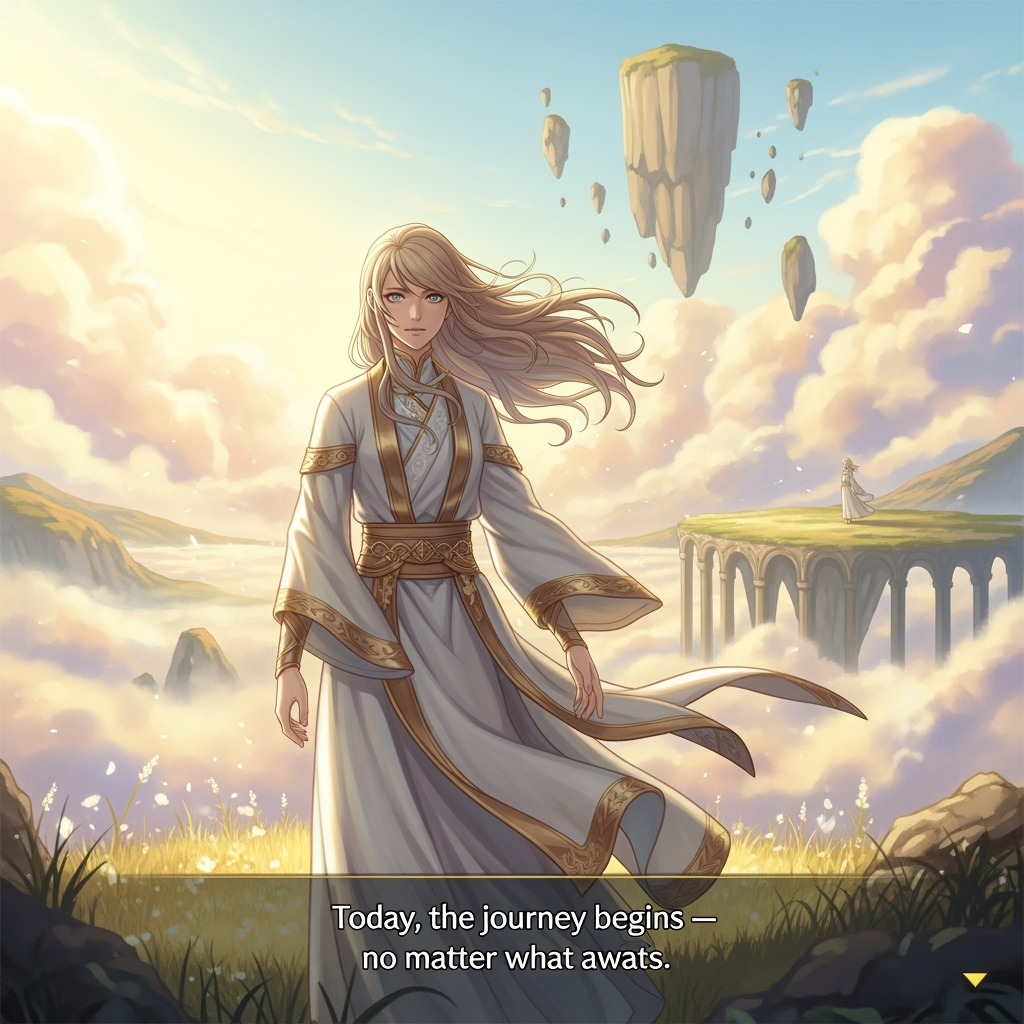 The lead hero faces an ethereal dawn, feeling both determined and uncertain as they resolve to begin their extraordinary journey.