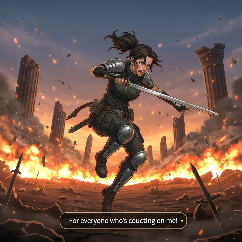 Danger surges in the climax: the main hero battles an overwhelming foe in the skies, wrestling with fear but fueled by courage.