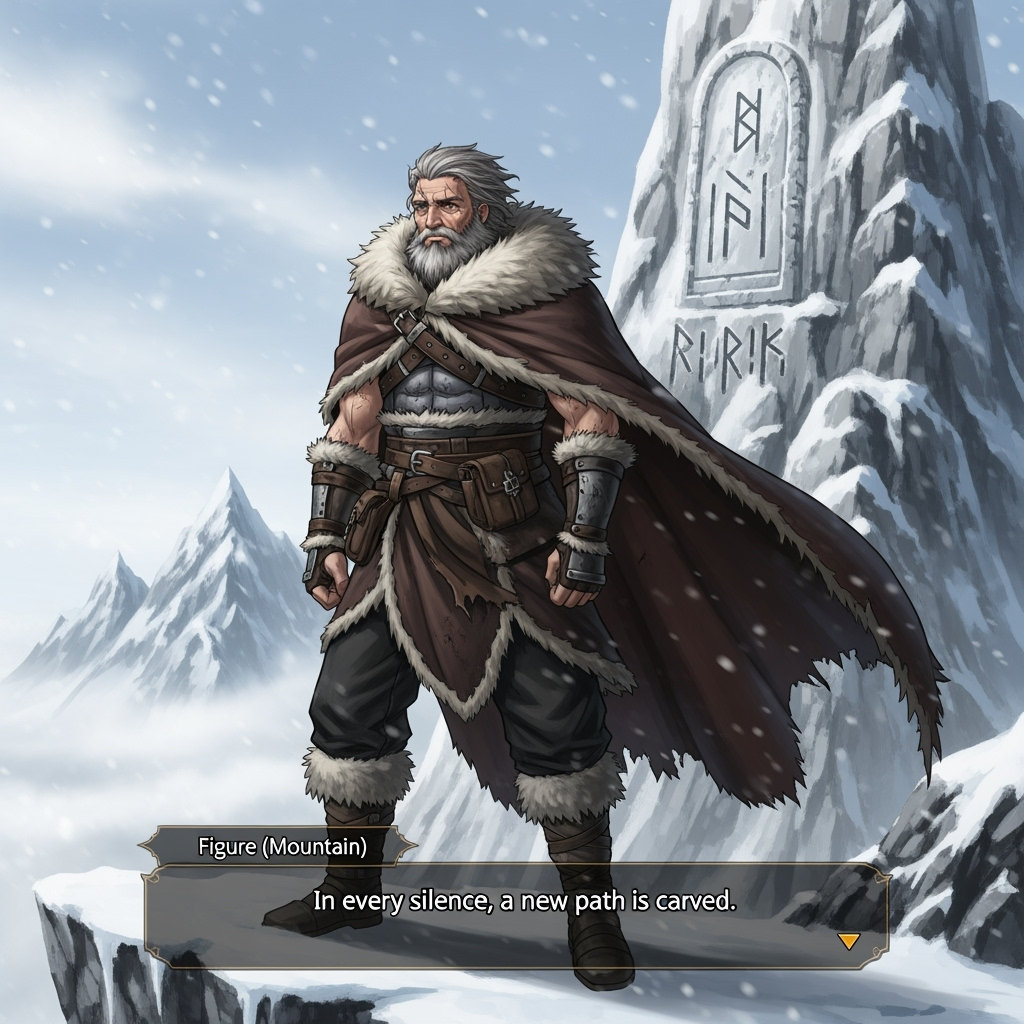 A lone figure braves a snow-swept mountain, finding resilience in solitude and the strength to continue onward.