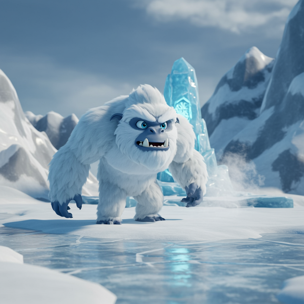 The Frostfang Yeti stands atop an icy hill, roaring as the cold wind bites.