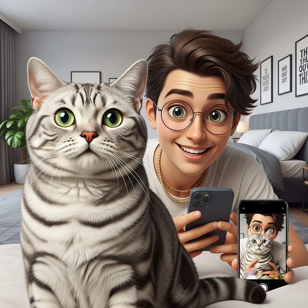 Unexpected comedy beats as the creator’s cat saunters into frame. The cat glances at the creator, then abruptly looks again with wide cartoon eyes—a meme moment is instantly captured.