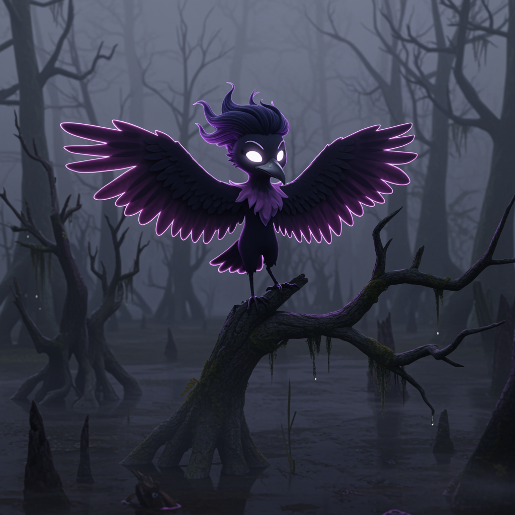 Amid ghostly fog, the protagonist encounters Mistcrow perched ominously on a dead tree.