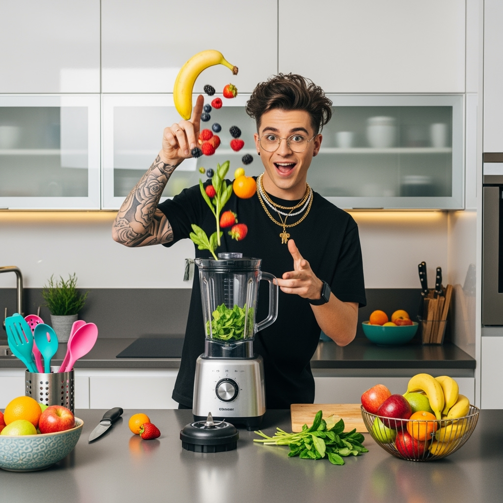 A high-energy panel sequence. Ingredients (bananas, berries, greens, protein powder) fly through the air toward a blender which 'magically' assembles a vibrant smoothie, all shown in hyper-speed montage.