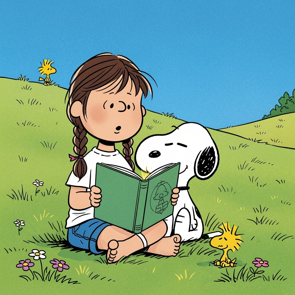 The girl reads aloud. Snoopy listens, eyes half-closed, while Woodstock peeks down curiously.