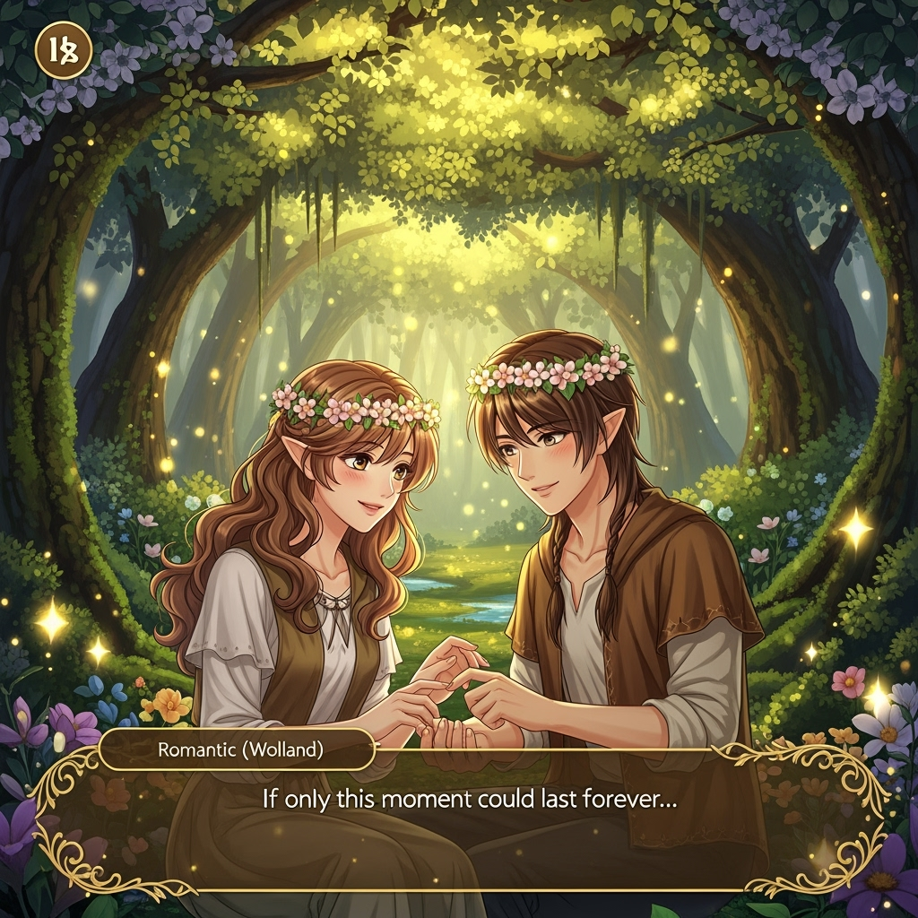 Magic weaves through a woodland; a romantic couple is drawn together by wonder, their innocence blooming amid golden light.