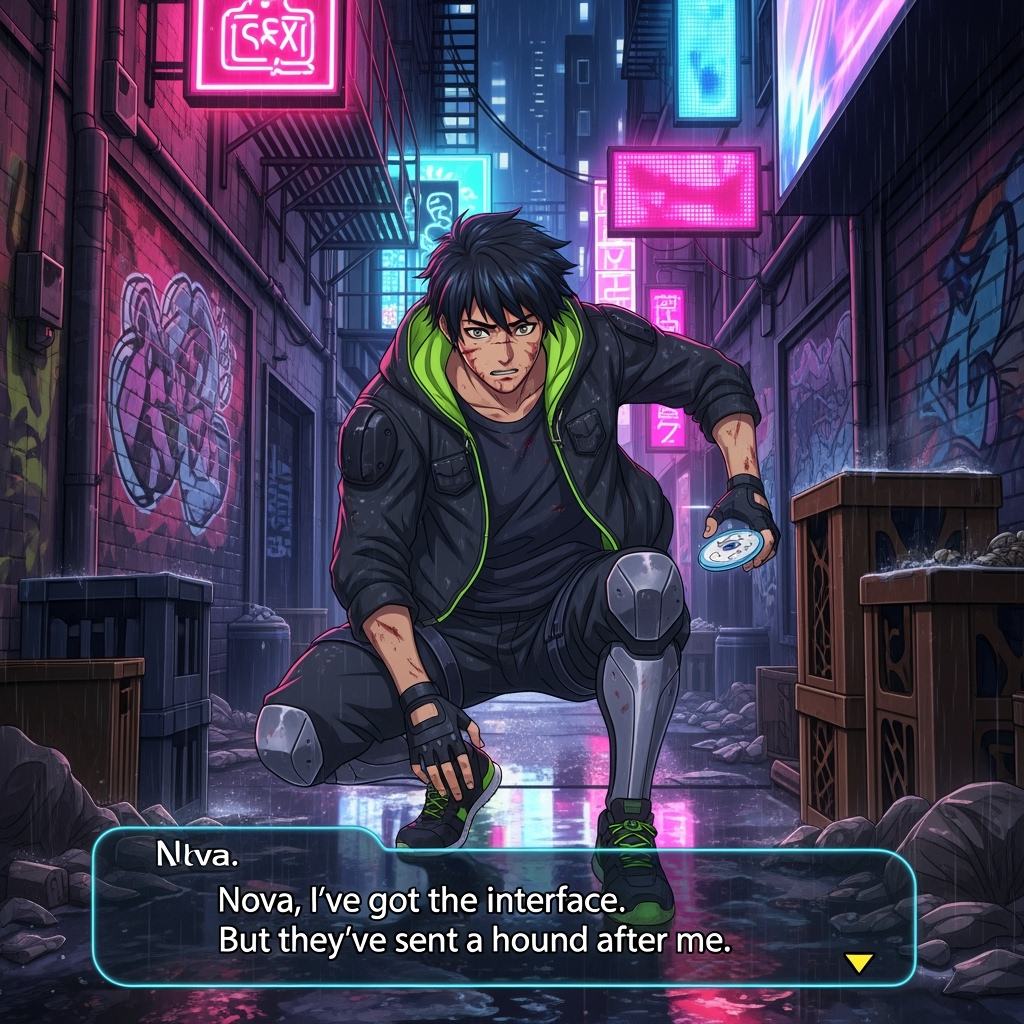 A high-rise penthouse filled with muted gold lighting. Floor-to-ceiling windows survey the city and, above, the encroaching celestial object. Holographic displays float before Mayako Ren, replaying scenes of urban unrest and skyward terror. She stands with impeccable poise and a glass in hand, her silk gown shimmering under the elegant lights.