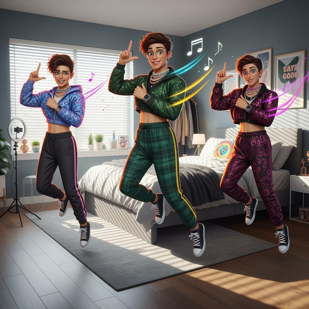 A rapid-fire montage of the creator making jump-cut outfit changes. Each panel shifts to a new, increasingly dramatic look, timed to the beat of music, with the creator striking bold poses each time.