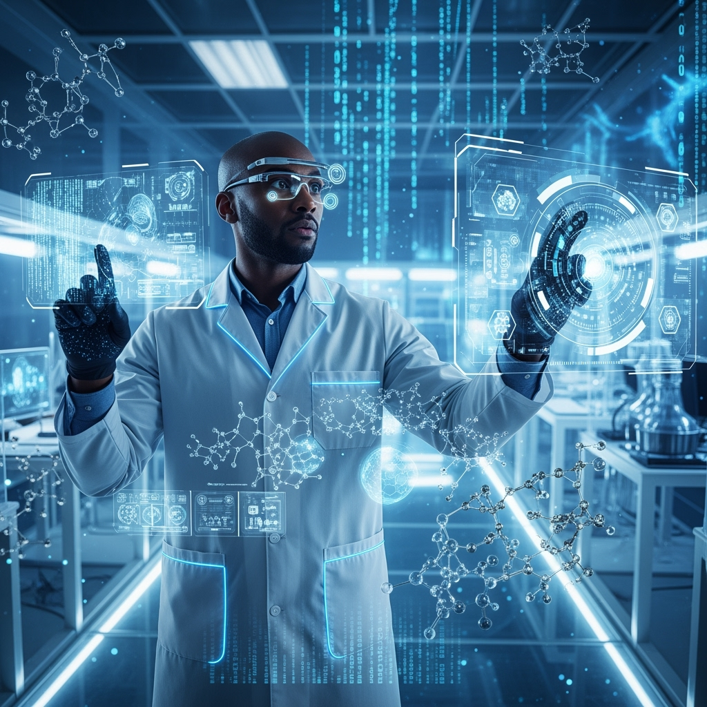 A scientist in a holographic lab.